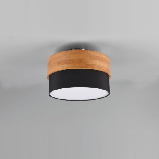 Plafoniera 2 luci moderna con paralume in tessuto nero fascia in legno