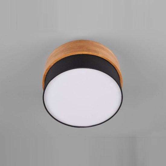 Plafoniera 2 luci moderna con paralume in tessuto nero fascia in legno
