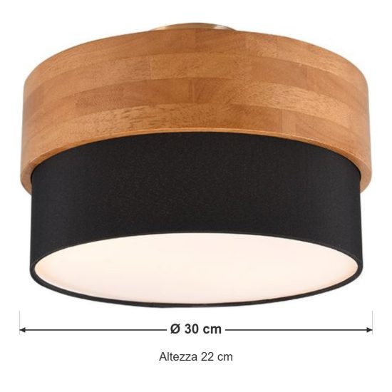 Plafoniera 2 luci moderna con paralume in tessuto nero fascia in legno