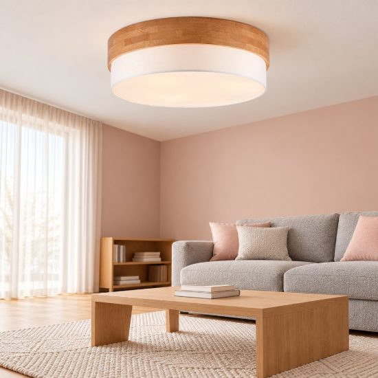 Plafoniera 3 luci per soggiorno moderna con paralume in tessuto bianco fascia in legno