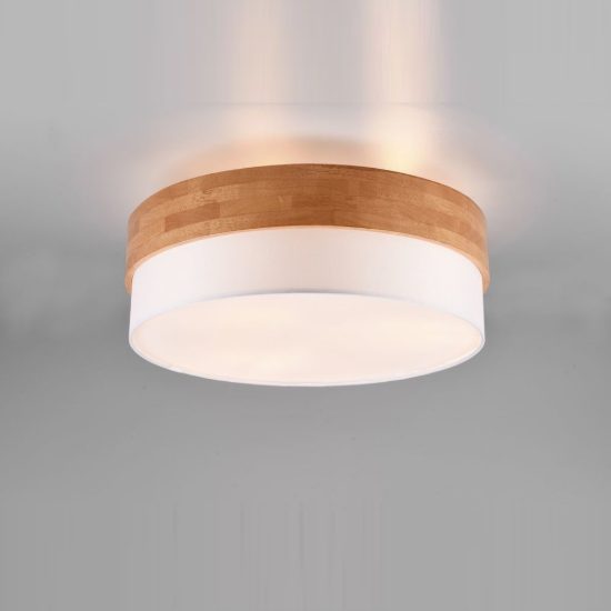 Plafoniera 3 luci per soggiorno moderna con paralume in tessuto bianco fascia in legno