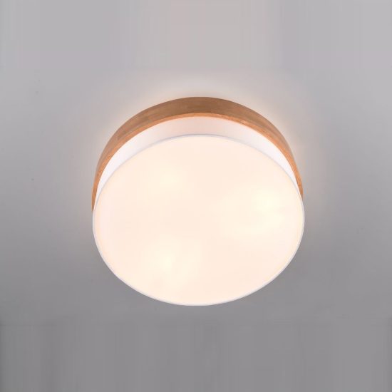 Plafoniera 3 luci per soggiorno moderna con paralume in tessuto bianco fascia in legno