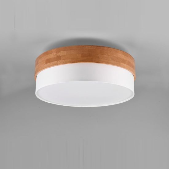 Plafoniera 3 luci per soggiorno moderna con paralume in tessuto bianco fascia in legno