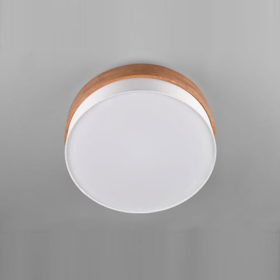 Plafoniera 3 luci per soggiorno moderna con paralume in tessuto bianco fascia in legno