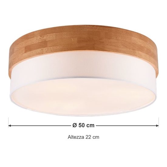 Plafoniera 3 luci per soggiorno moderna con paralume in tessuto bianco fascia in legno