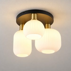 Plafoniera 3 luci moderna ottone satinato con vetri rigati bianchi assortiti