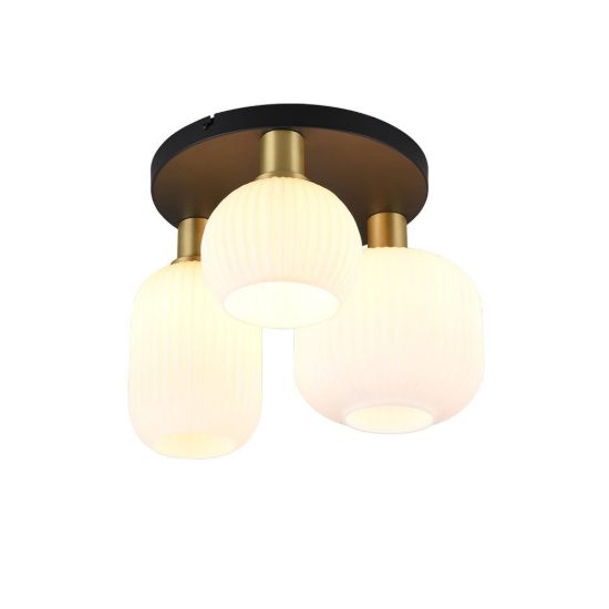 Plafoniera 3 luci moderna ottone satinato con vetri rigati bianchi assortiti
