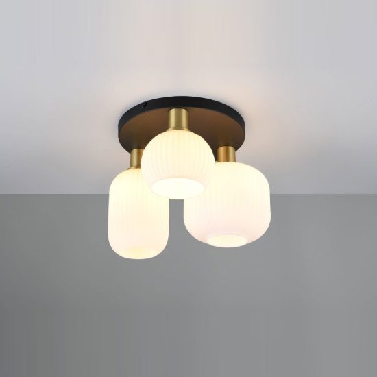 Plafoniera 3 luci moderna ottone satinato con vetri rigati bianchi assortiti