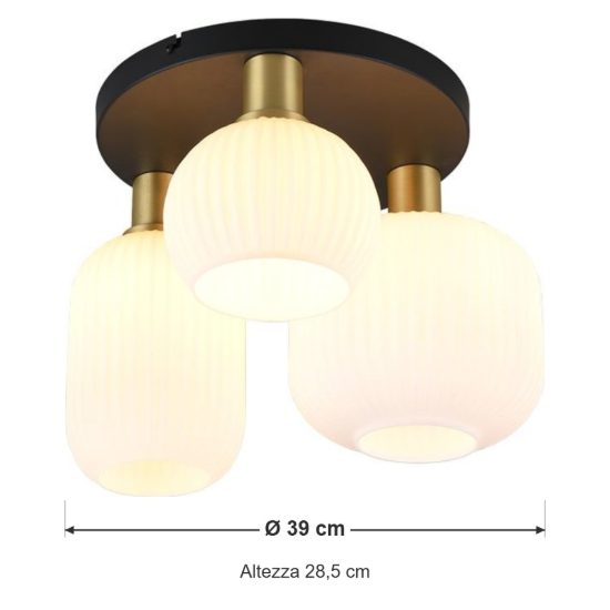 Plafoniera 3 luci moderna ottone satinato con vetri rigati bianchi assortiti