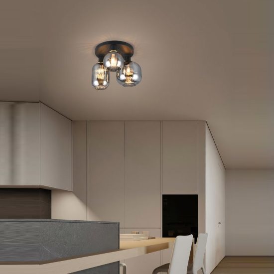 Plafoniera 3 luci moderna nera con vetri cromati assortiti