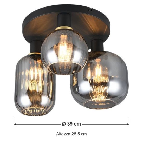 Plafoniera 3 luci moderna nera con vetri cromati assortiti