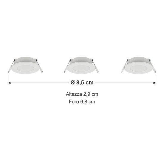 Set 3 faretti da incasso per cartongesso led 3x3,5w cct 2700k 4000k ip65 rotondi bianchi