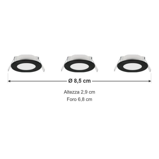 Set 3 faretti da incasso per cartongesso led 3x3,5w 2700k 4000k ip65 rotondi neri