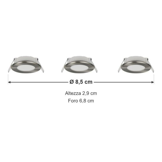 Set 3 faretti da incasso per cartongesso led 3x3,5w cct 2700k 4000k ip65 rotondi nichel opaco