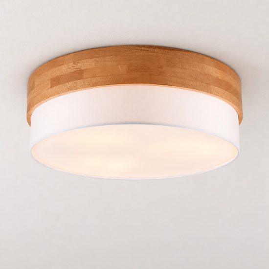 Plafoniera 3 luci per soggiorno moderna con paralume in tessuto bianco fascia in legno