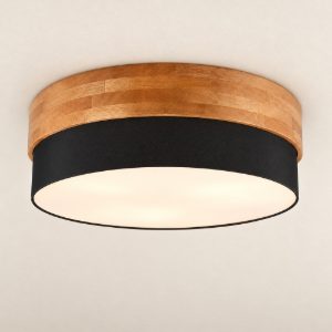 Plafoniera 3 luci per soggiorno moderna con paralume in tessuto nero fascia in legno