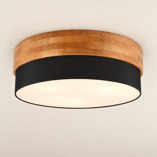 Plafoniera 3 luci per soggiorno moderna con paralume in tessuto nero fascia in legno