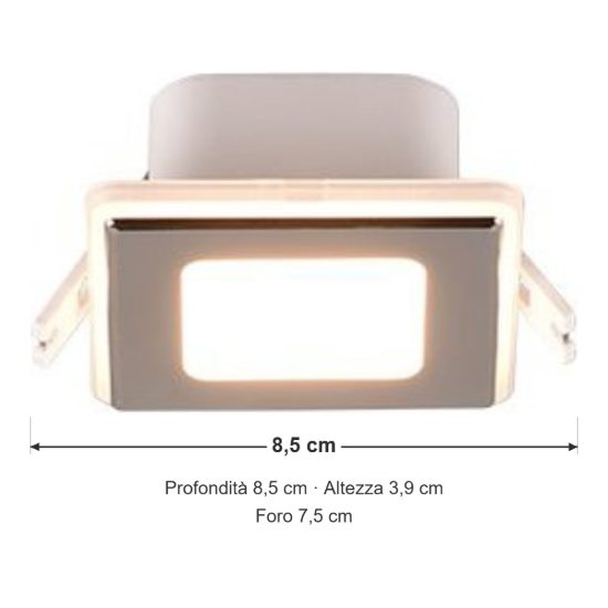 Faretto da incasso per cartongesso led 5w 3000k ip44 quadrato cromo
