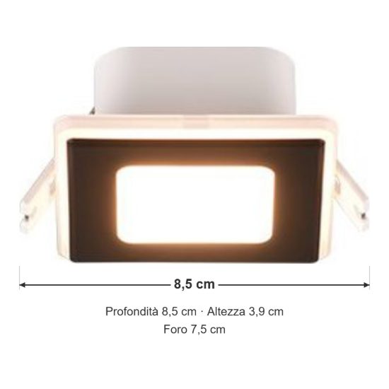 Faretto da incasso per cartongesso led 5w 3000k ip44 quadrato nero opaco