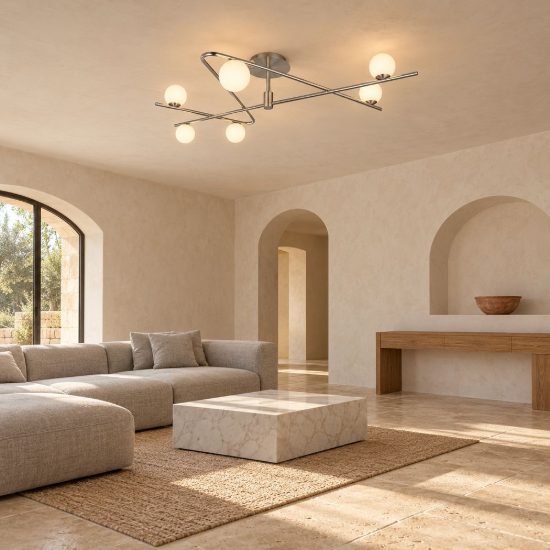 Plafoniera 6 luci per soggiorno moderna nichel opaco cromo con diffusori in vetro bianco