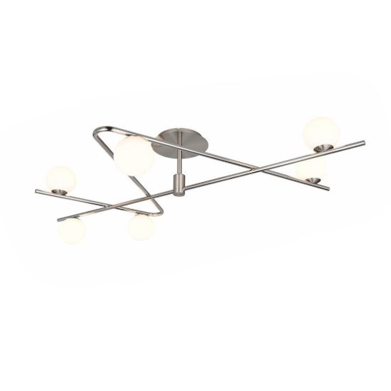 Plafoniera 6 luci per soggiorno moderna nichel opaco cromo con diffusori in vetro bianco