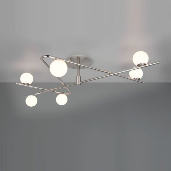 Plafoniera 6 luci per soggiorno moderna nichel opaco cromo con diffusori in vetro bianco