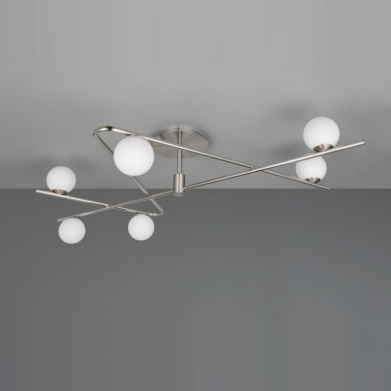 Plafoniera 6 luci per soggiorno moderna nichel opaco cromo con diffusori in vetro bianco