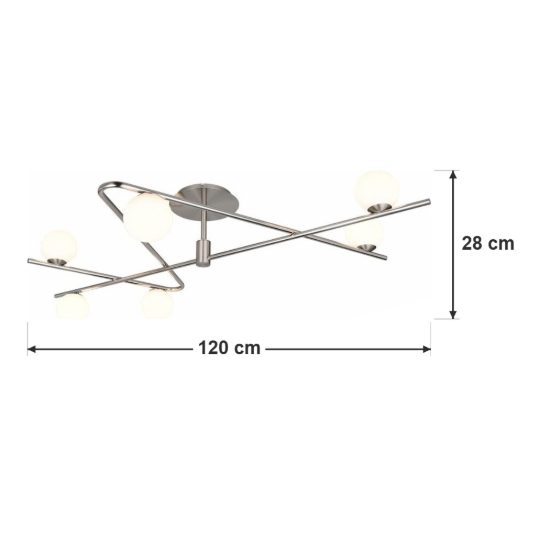 Plafoniera 6 luci per soggiorno moderna nichel opaco cromo con diffusori in vetro bianco