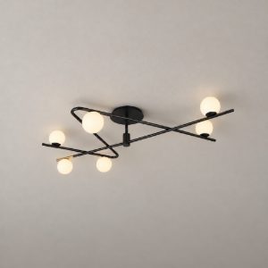 Plafoniera 6 luci per soggiorno moderna nera oro con diffusori in vetro bianco