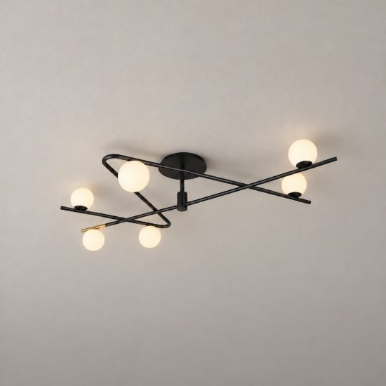 Plafoniera 6 luci per soggiorno moderna nera oro con diffusori in vetro bianco