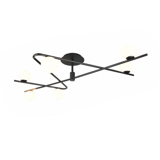 Plafoniera 6 luci per soggiorno moderna nera oro con diffusori in vetro bianco