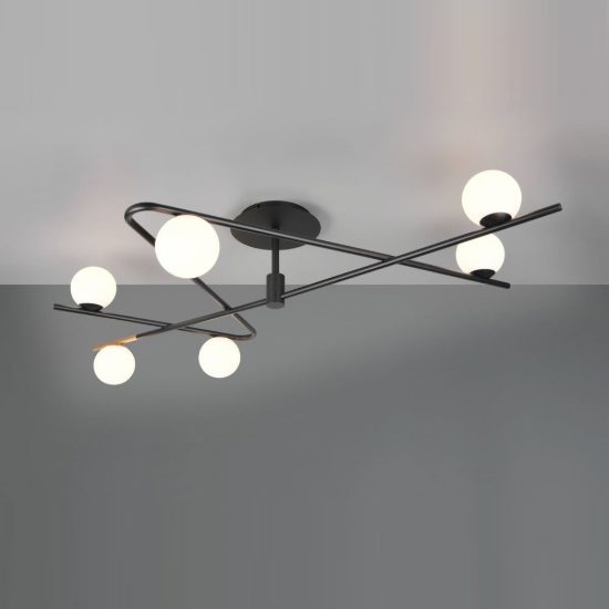 Plafoniera 6 luci per soggiorno moderna nera oro con diffusori in vetro bianco