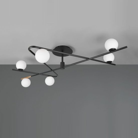 Plafoniera 6 luci per soggiorno moderna nera oro con diffusori in vetro bianco
