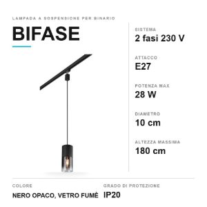 Lampada a sospensione per binario bifase e27 10cm regolabile in altezza nera con vetro fume