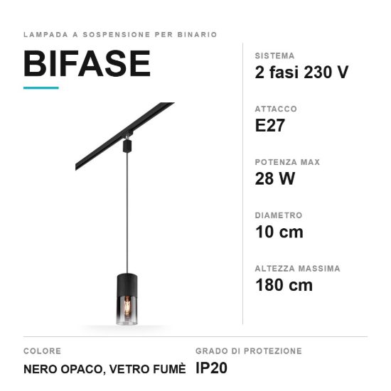 Lampada a sospensione per binario bifase e27 10cm regolabile in altezza nera con vetro fume