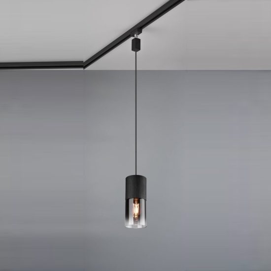 Lampada a sospensione per binario bifase e27 10cm regolabile in altezza nera con vetro fume