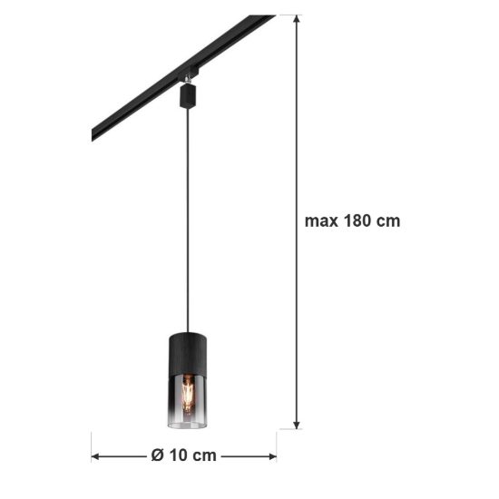 Lampada a sospensione per binario bifase e27 10cm regolabile in altezza nera con vetro fume
