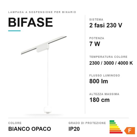 Lampada a sospensione per binario bifase led 7w 2300k 3000k 4000k 10cm bianca con lente