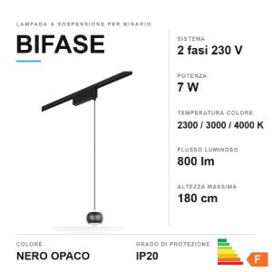 Lampada a sospensione per binario bifase led 7w 2300k 3000k 4000k 10cm nera con lente