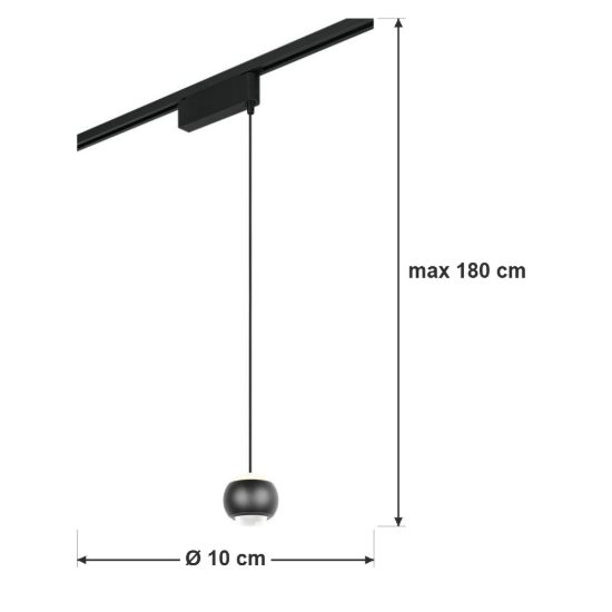 Lampada a sospensione per binario bifase led 7w 2300k 3000k 4000k 10cm nera con lente