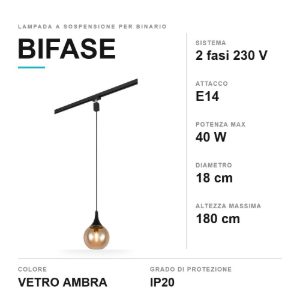 Lampada a sospensione per binario bifase e14 18cm regolabile in altezza con vetro ambra