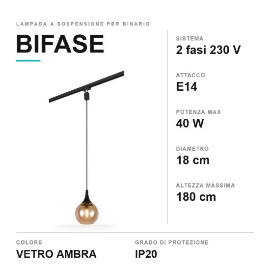 Lampada a sospensione per binario bifase e14 18cm regolabile in altezza con vetro ambra