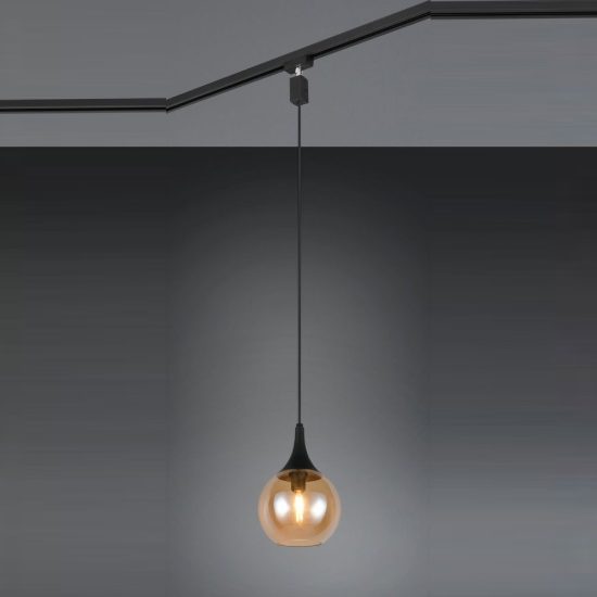 Lampada a sospensione per binario bifase e14 18cm regolabile in altezza con vetro ambra