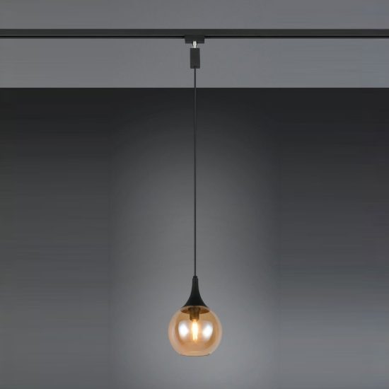 Lampada a sospensione per binario bifase e14 18cm regolabile in altezza con vetro ambra
