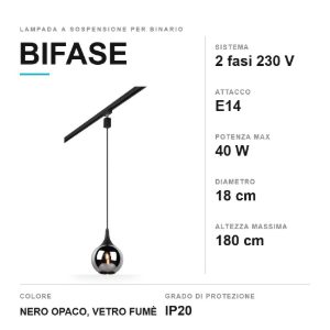 Lampada a sospensione per binario bifase e14 18cm regolabile in altezza nera con vetro fume