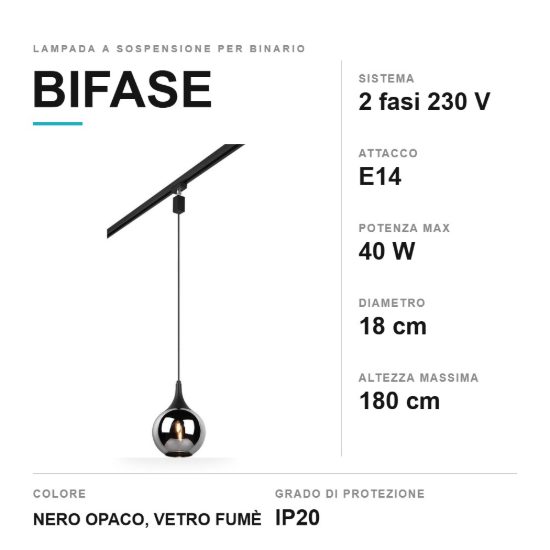 Lampada a sospensione per binario bifase e14 18cm regolabile in altezza nera con vetro fume