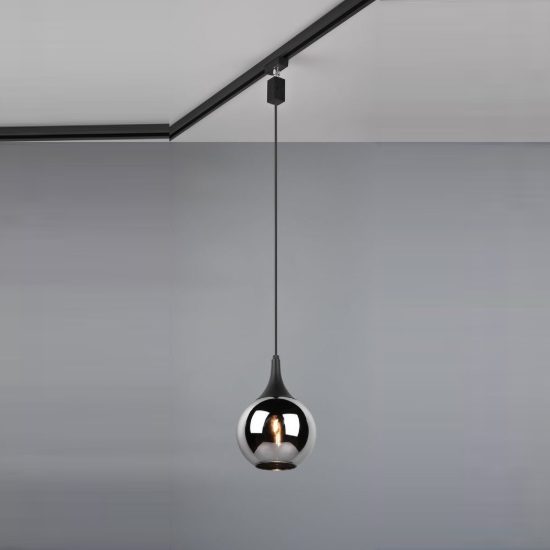 Lampada a sospensione per binario bifase e14 18cm regolabile in altezza nera con vetro fume