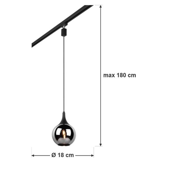 Lampada a sospensione per binario bifase e14 18cm regolabile in altezza nera con vetro fume