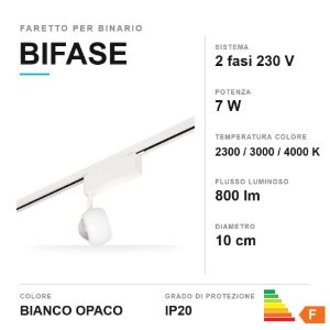 Faretto per binario bifase led 7w 2300k 3000k 4000k orientabile bianco con lente