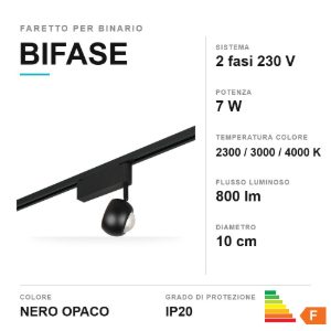 Faretto per binario bifase led 7w 2300k 3000k 4000k orientabile nero con lente